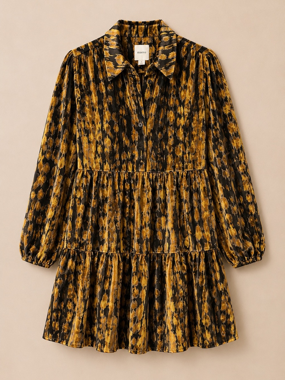 Anthropologie Maeve Bettina Velvet Tiered Mini Dress in Black/Gold Size S